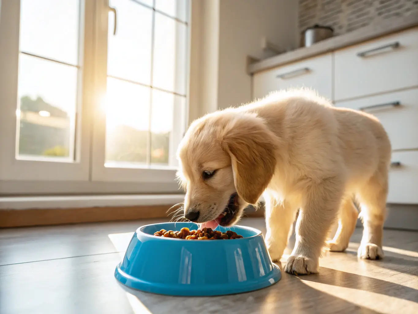 A high-quality photograph of a French Bulldog puppy happily eating from a stainless steel bowl, showcasing the importance of proper nutrition for their growth and health.