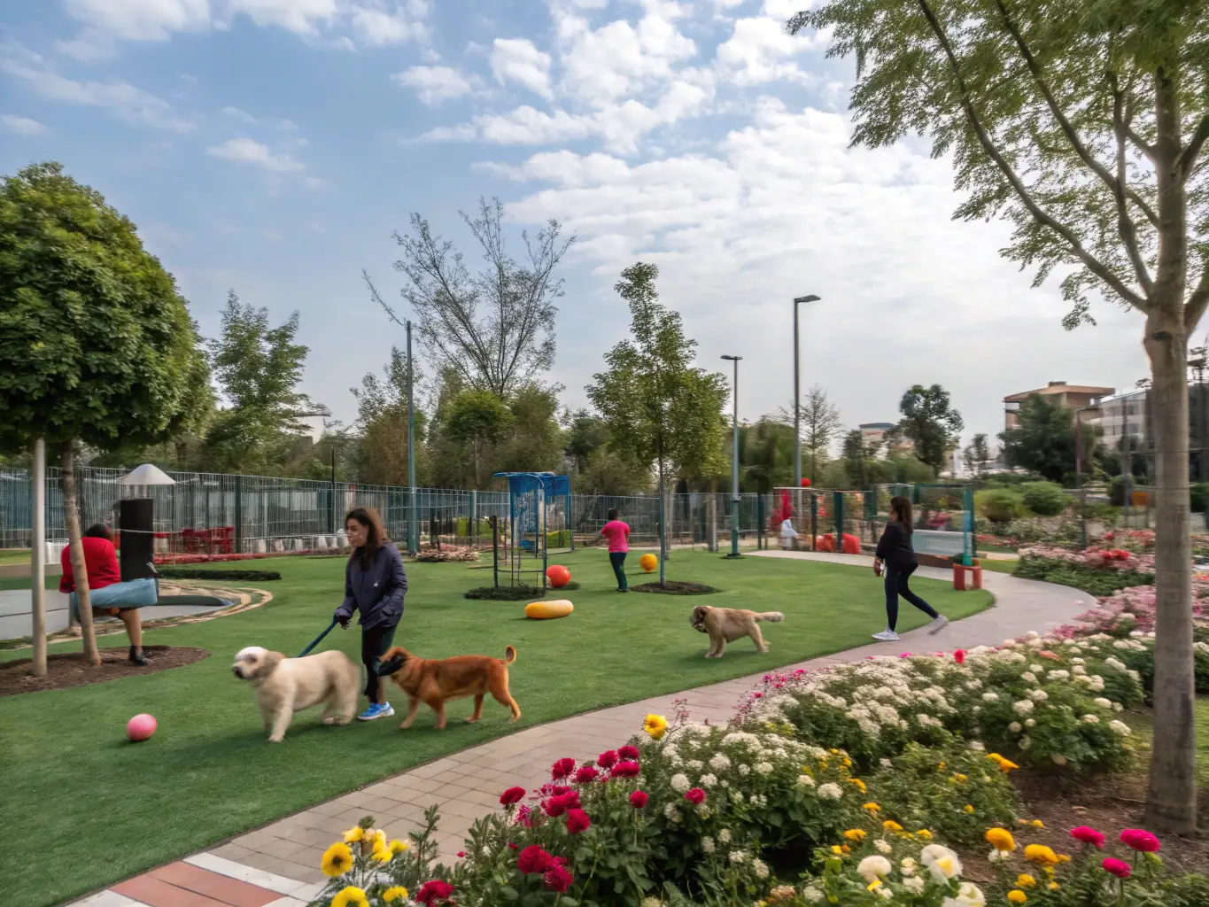A French Bulldog calmly interacting with other dogs and people in a park, demonstrating good socialization skills and a friendly demeanor.