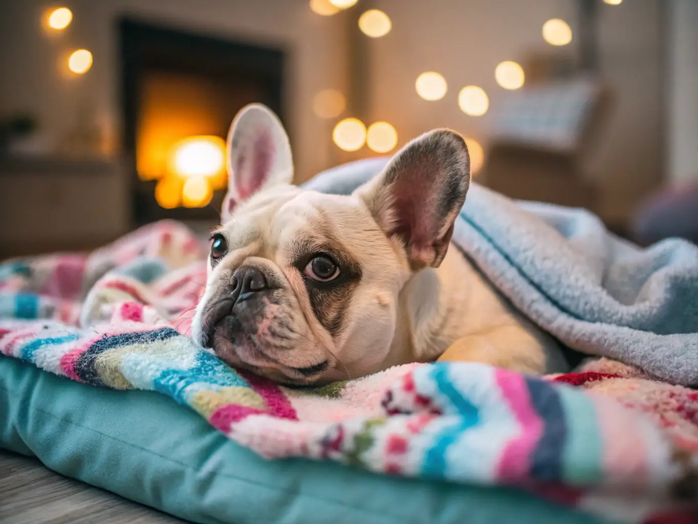 A cozy and inviting photograph of a French Bulldog sleeping comfortably in a supportive and plush dog bed, emphasizing the need for adequate rest and joint support.