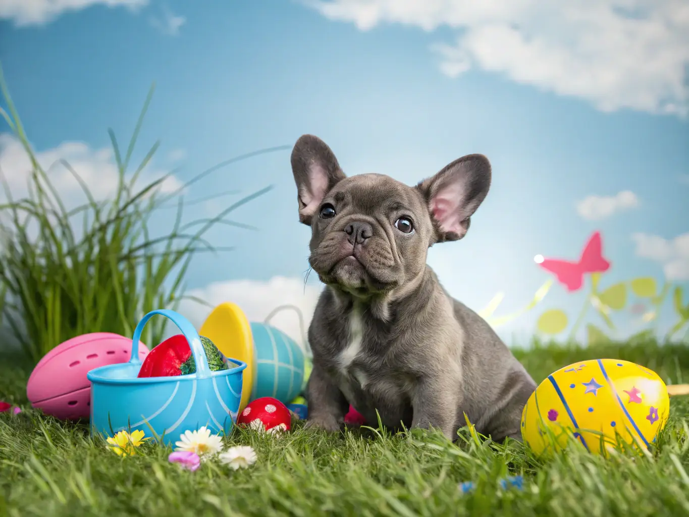 A colorful and engaging image of a French Bulldog playing with a durable chew toy, highlighting the importance of mental stimulation and dental health.