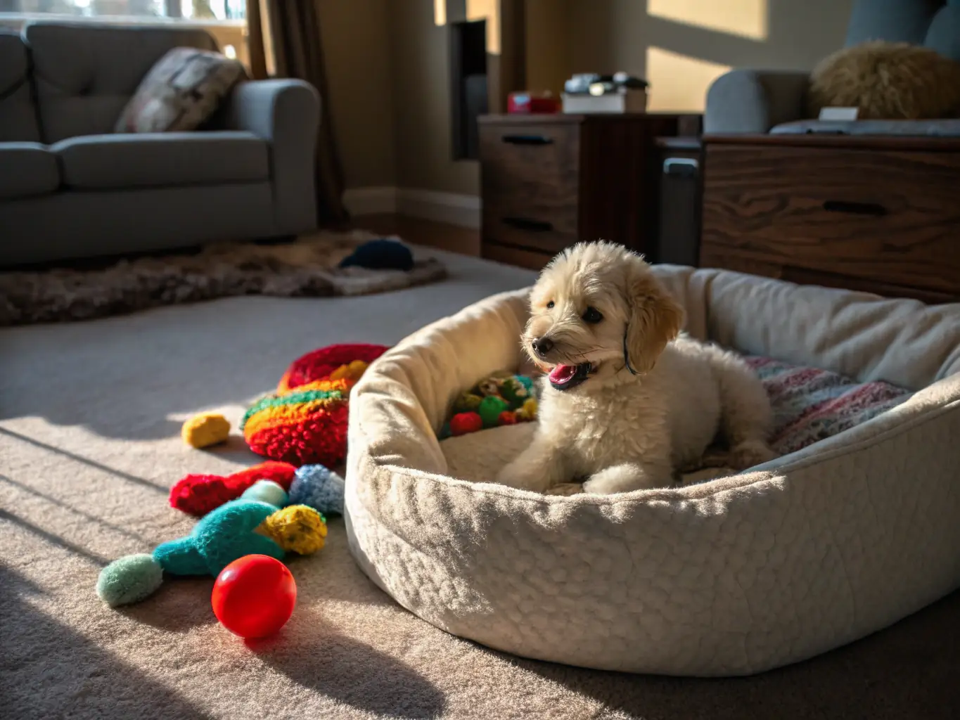 A high-quality, durable French Bulldog harness in a vibrant color, lying on a soft, plush dog bed, with a leash attached, ready for a walk in a park setting.