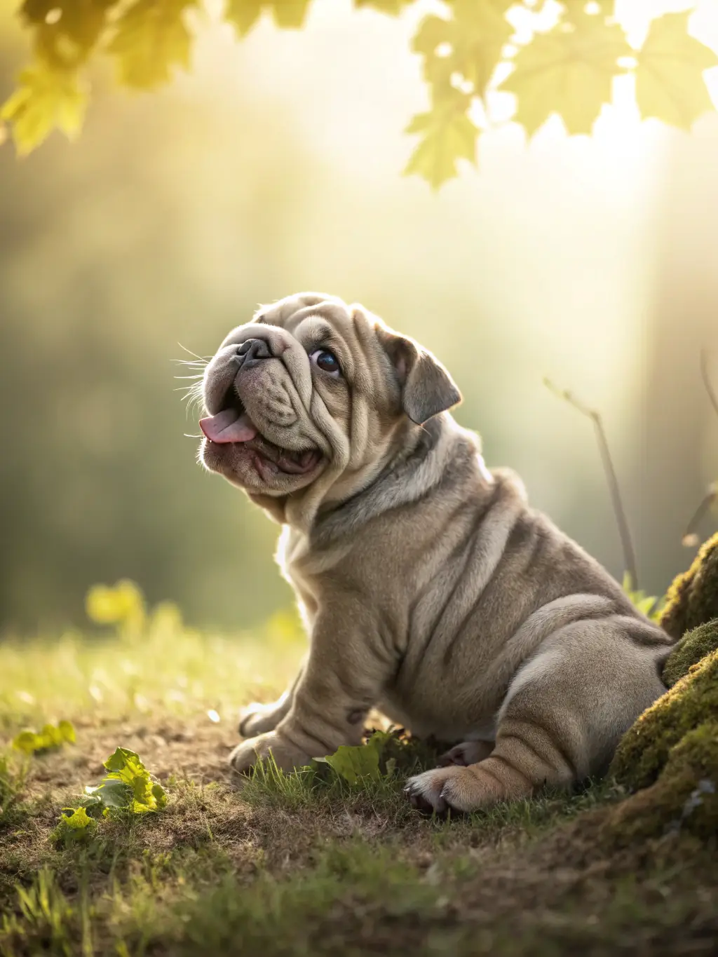 A French Bulldog puppy with a concerned expression, sitting next to a bowl of food, indicating potential digestive issues.