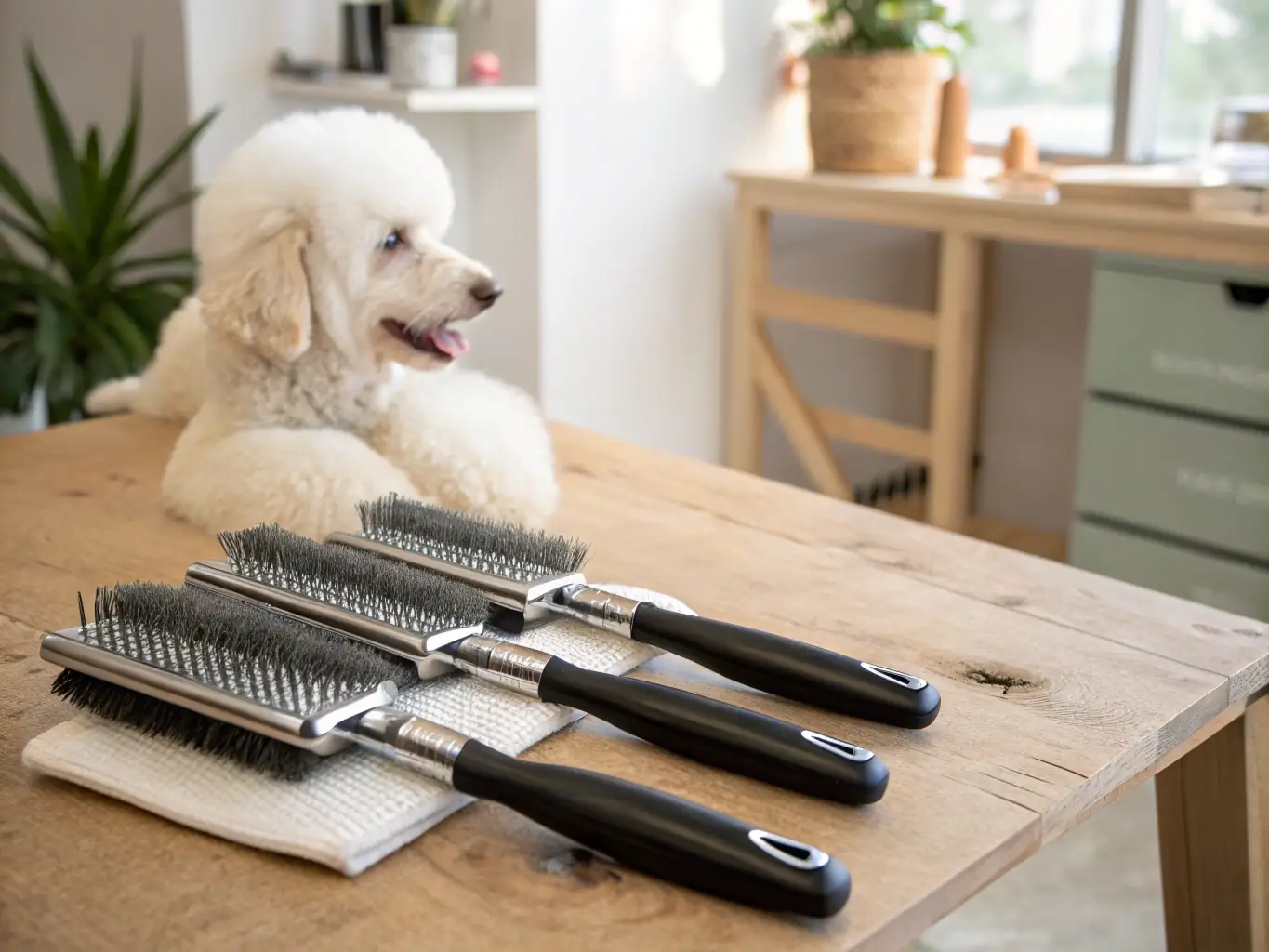 A set of high-quality grooming tools, including a deshedding brush, nail clippers, and ear cleaning solution, neatly arranged on a grooming table with a French Bulldog in the background getting pampered.