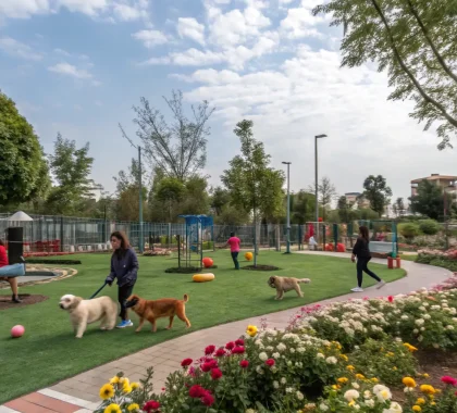 A French Bulldog calmly interacting with other dogs and people in a park, demonstrating good socialization skills and a friendly demeanor.