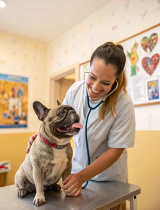 A French Bulldog being examined by a veterinarian, stressing the importance of regular check-ups.