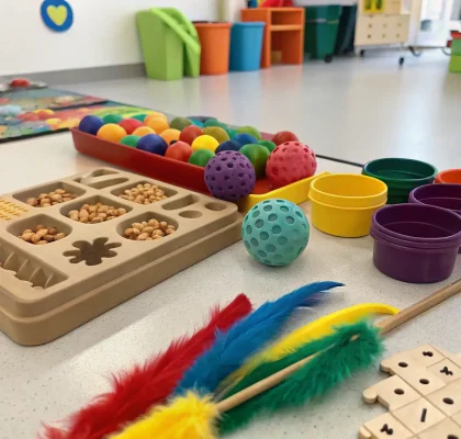 A selection of interactive dog toys, including a puzzle toy, a chew toy, and a plush toy, arranged on a clean, white background, showcasing their variety and appeal.